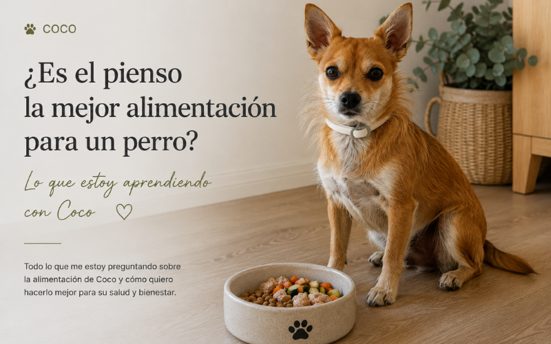 Coco junto a su comida mientras aprendemos sobre alimentación para perros