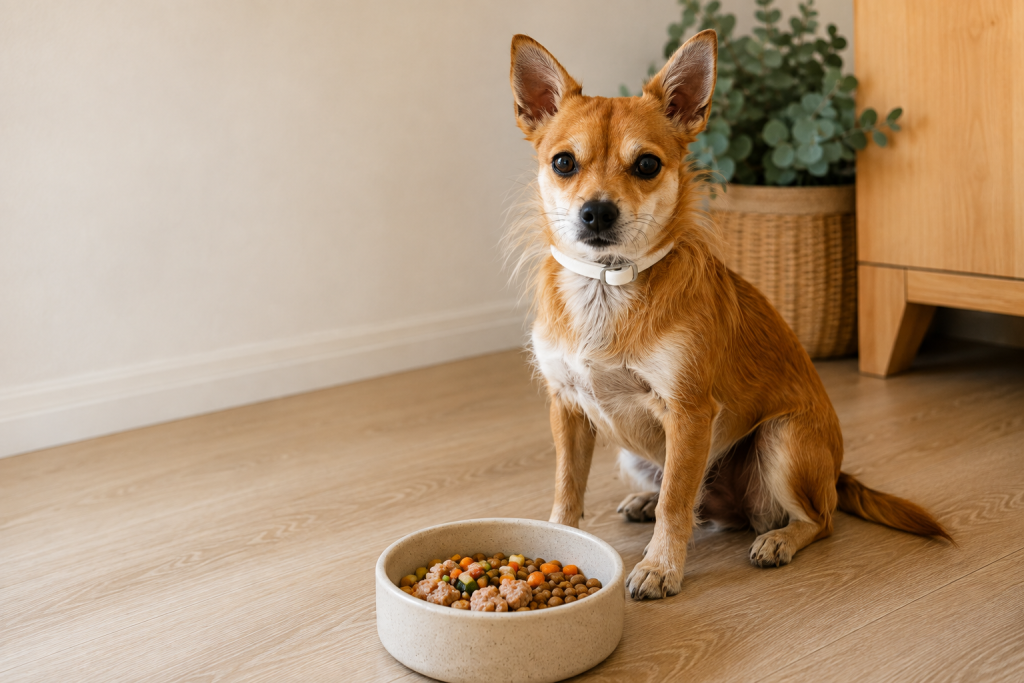 Coco junto a su comida mientras aprendemos sobre alimentación para perros